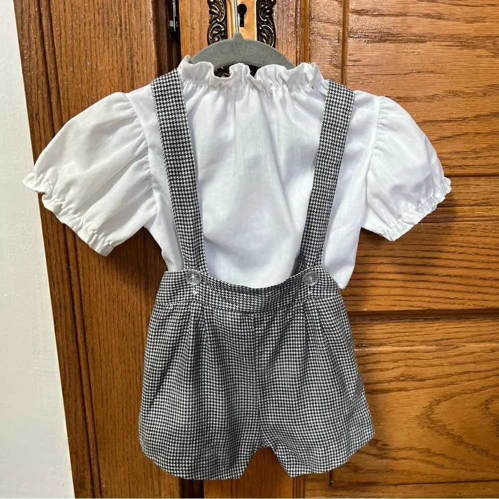 Charming Vintage Unisex Baby Classic Houndstooth Suspender Overall Shorts Romper